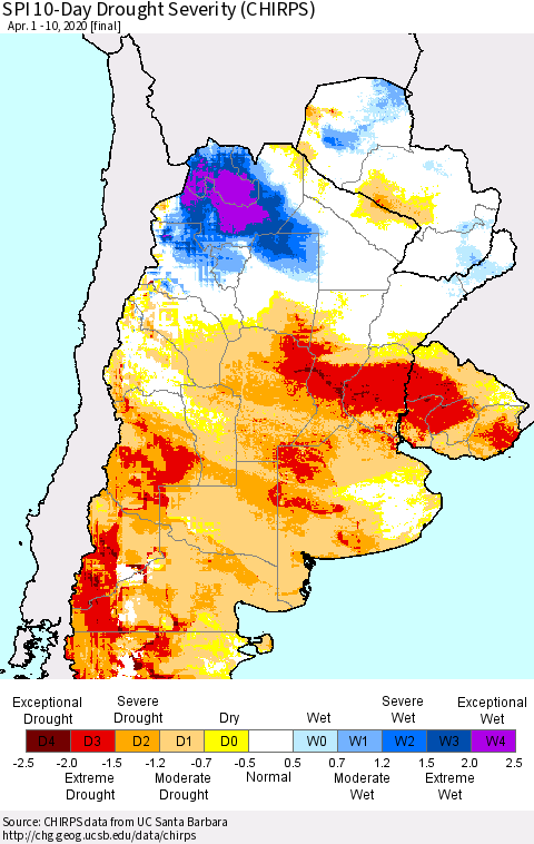 Southern South America SPI 10-Day Drought Severity (CHIRPS) Thematic Map For 4/1/2020 - 4/10/2020