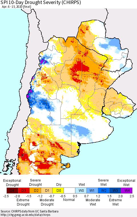 Southern South America SPI 10-Day Drought Severity (CHIRPS) Thematic Map For 4/6/2020 - 4/15/2020