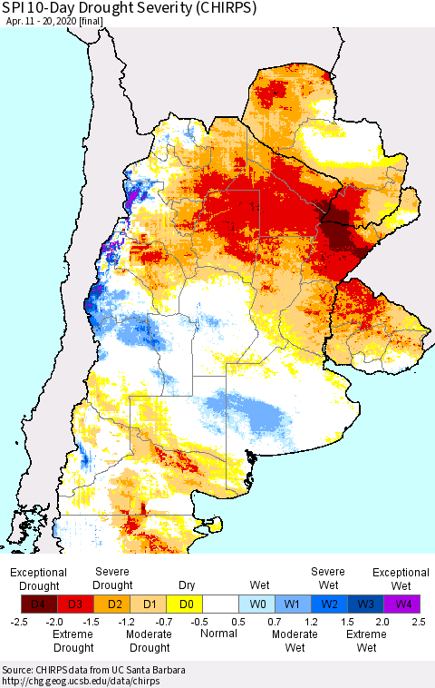 Southern South America SPI 10-Day Drought Severity (CHIRPS) Thematic Map For 4/11/2020 - 4/20/2020