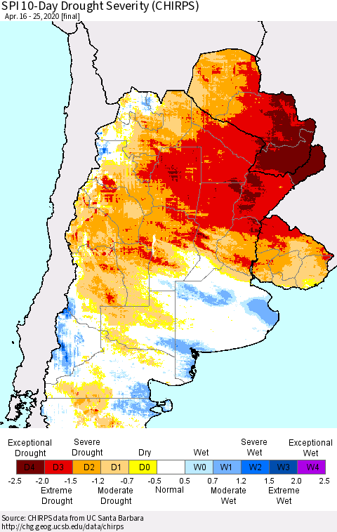 Southern South America SPI 10-Day Drought Severity (CHIRPS) Thematic Map For 4/16/2020 - 4/25/2020