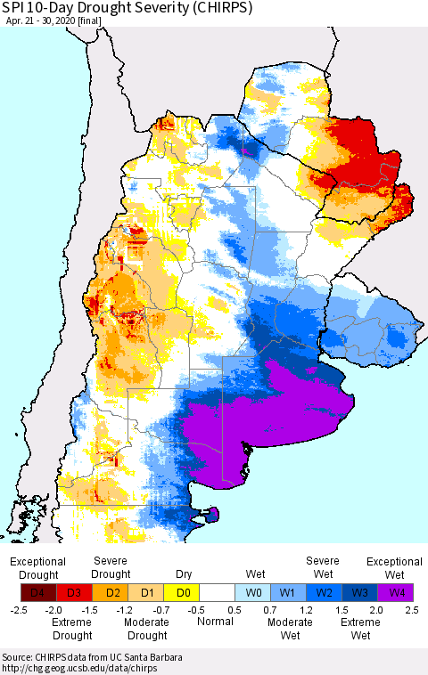 Southern South America SPI 10-Day Drought Severity (CHIRPS) Thematic Map For 4/21/2020 - 4/30/2020