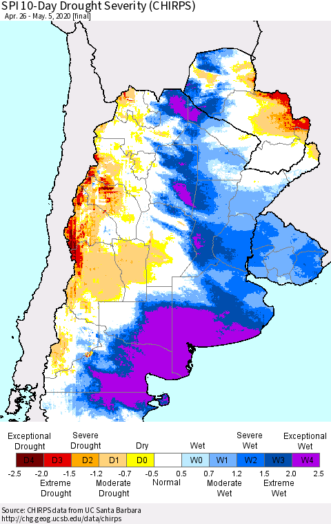 Southern South America SPI 10-Day Drought Severity (CHIRPS) Thematic Map For 4/26/2020 - 5/5/2020