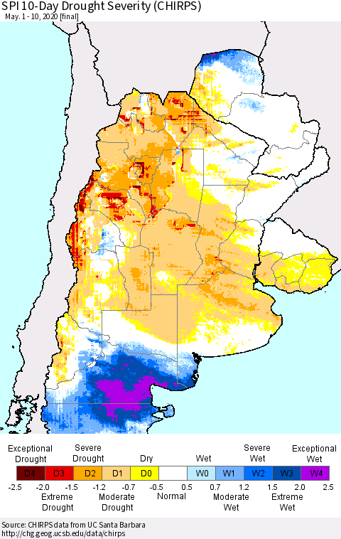 Southern South America SPI 10-Day Drought Severity (CHIRPS) Thematic Map For 5/1/2020 - 5/10/2020