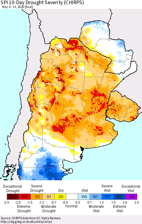 Southern South America SPI 10-Day Drought Severity (CHIRPS) Thematic Map For 5/6/2020 - 5/15/2020