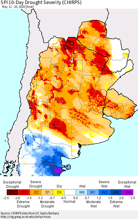Southern South America SPI 10-Day Drought Severity (CHIRPS) Thematic Map For 5/11/2020 - 5/20/2020
