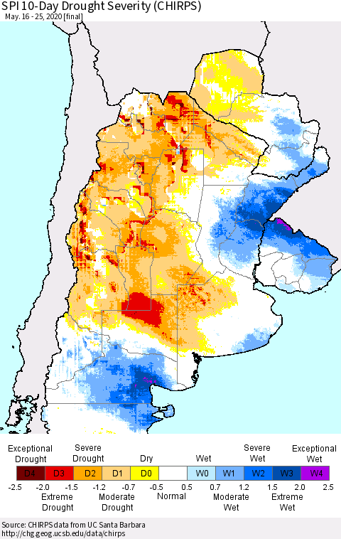 Southern South America SPI 10-Day Drought Severity (CHIRPS) Thematic Map For 5/16/2020 - 5/25/2020