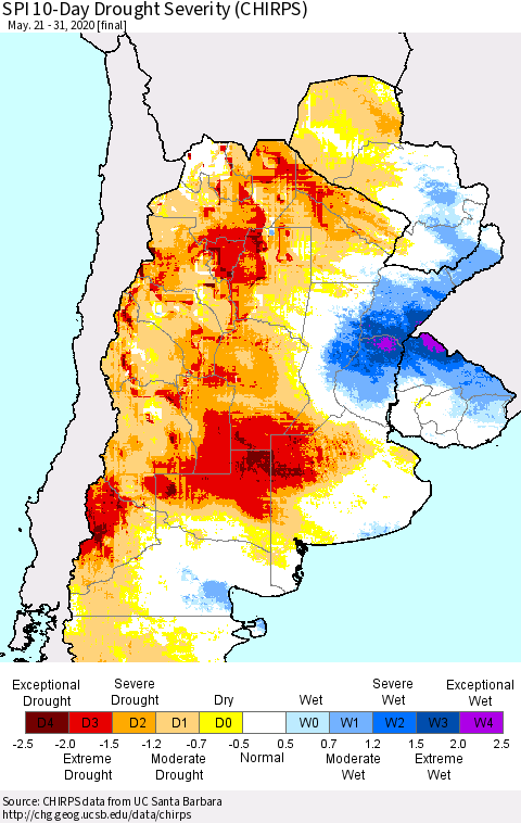 Southern South America SPI 10-Day Drought Severity (CHIRPS) Thematic Map For 5/21/2020 - 5/31/2020
