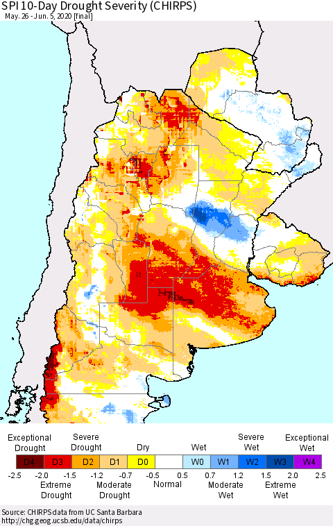 Southern South America SPI 10-Day Drought Severity (CHIRPS) Thematic Map For 5/26/2020 - 6/5/2020