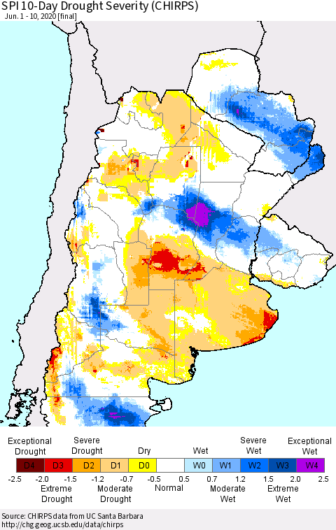 Southern South America SPI 10-Day Drought Severity (CHIRPS) Thematic Map For 6/1/2020 - 6/10/2020