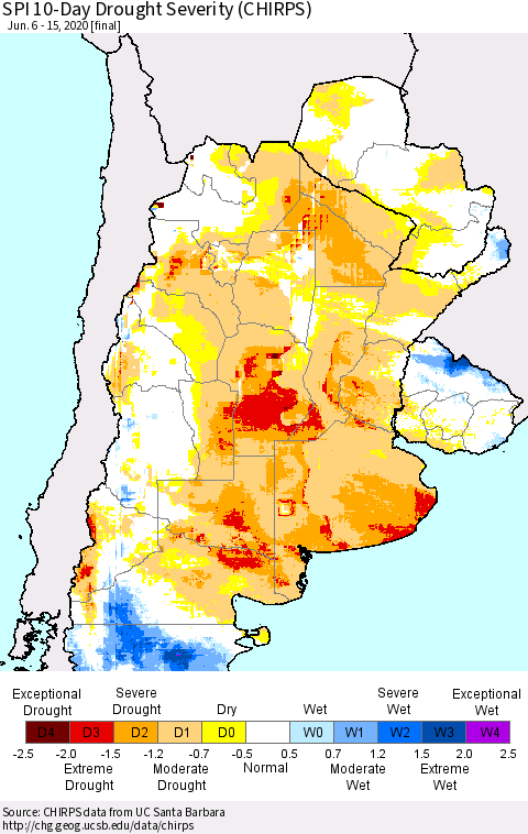 Southern South America SPI 10-Day Drought Severity (CHIRPS) Thematic Map For 6/6/2020 - 6/15/2020