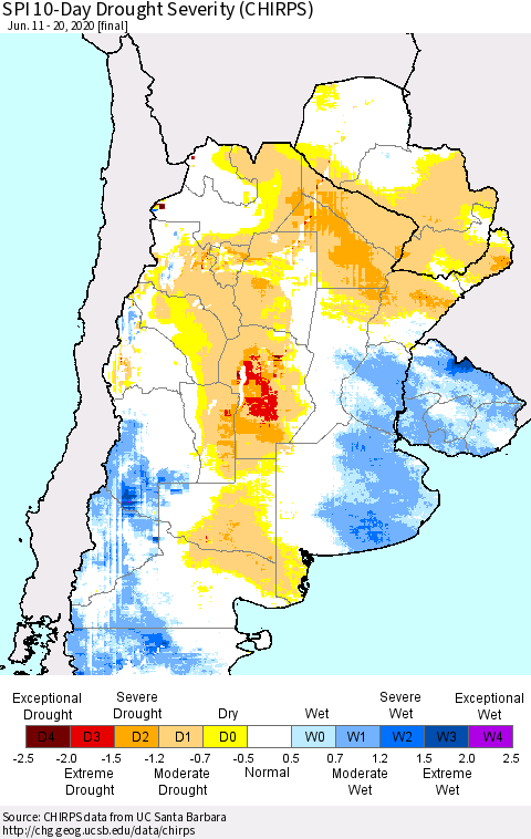 Southern South America SPI 10-Day Drought Severity (CHIRPS) Thematic Map For 6/11/2020 - 6/20/2020
