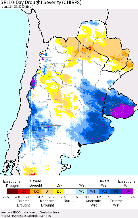 Southern South America SPI 10-Day Drought Severity (CHIRPS) Thematic Map For 6/16/2020 - 6/25/2020
