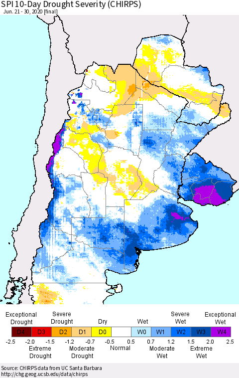 Southern South America SPI 10-Day Drought Severity (CHIRPS) Thematic Map For 6/21/2020 - 6/30/2020