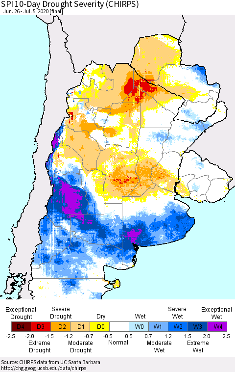 Southern South America SPI 10-Day Drought Severity (CHIRPS) Thematic Map For 6/26/2020 - 7/5/2020