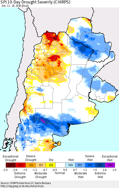 Southern South America SPI 10-Day Drought Severity (CHIRPS) Thematic Map For 12/11/2020 - 12/20/2020