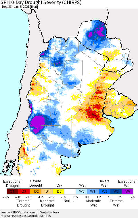 Southern South America SPI 10-Day Drought Severity (CHIRPS) Thematic Map For 12/26/2020 - 1/5/2021