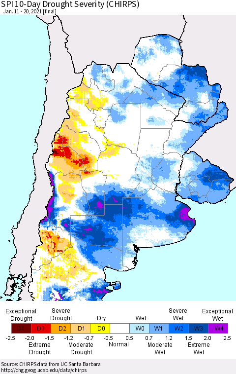 Southern South America SPI 10-Day Drought Severity (CHIRPS) Thematic Map For 1/11/2021 - 1/20/2021