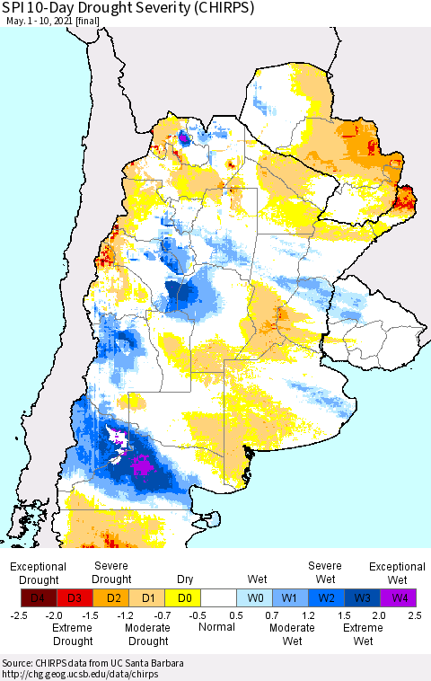 Southern South America SPI 10-Day Drought Severity (CHIRPS) Thematic Map For 5/1/2021 - 5/10/2021