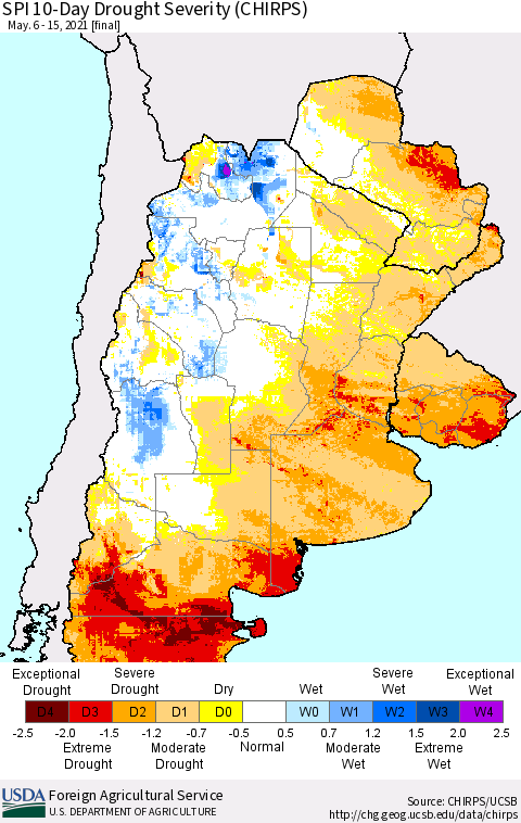 Southern South America SPI 10-Day Drought Severity (CHIRPS) Thematic Map For 5/6/2021 - 5/15/2021