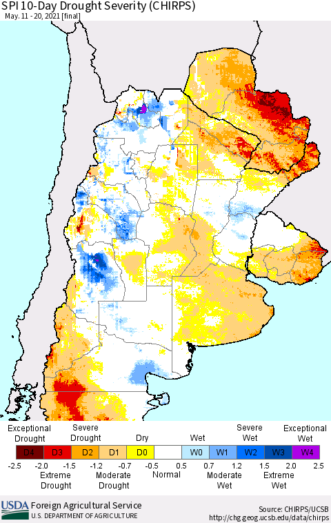 Southern South America SPI 10-Day Drought Severity (CHIRPS) Thematic Map For 5/11/2021 - 5/20/2021