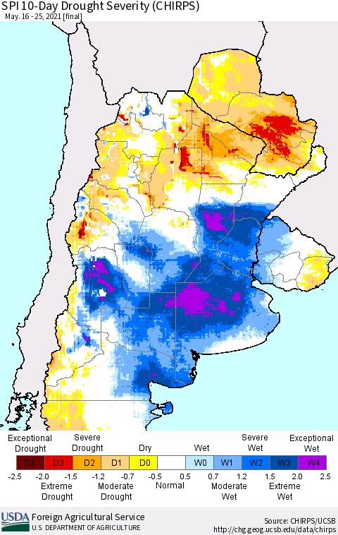 Southern South America SPI 10-Day Drought Severity (CHIRPS) Thematic Map For 5/16/2021 - 5/25/2021