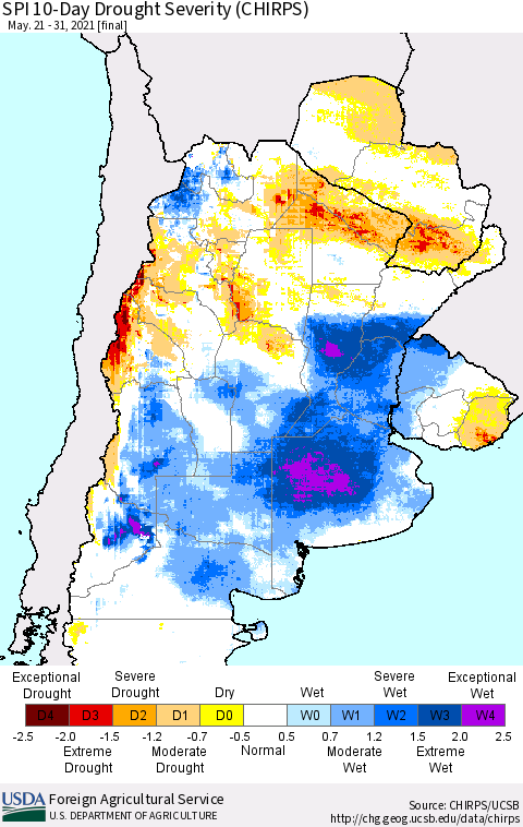 Southern South America SPI 10-Day Drought Severity (CHIRPS) Thematic Map For 5/21/2021 - 5/31/2021