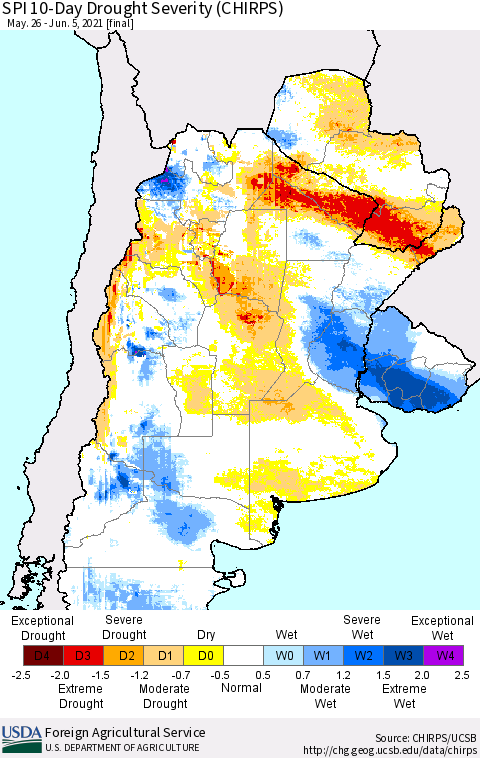 Southern South America SPI 10-Day Drought Severity (CHIRPS) Thematic Map For 5/26/2021 - 6/5/2021