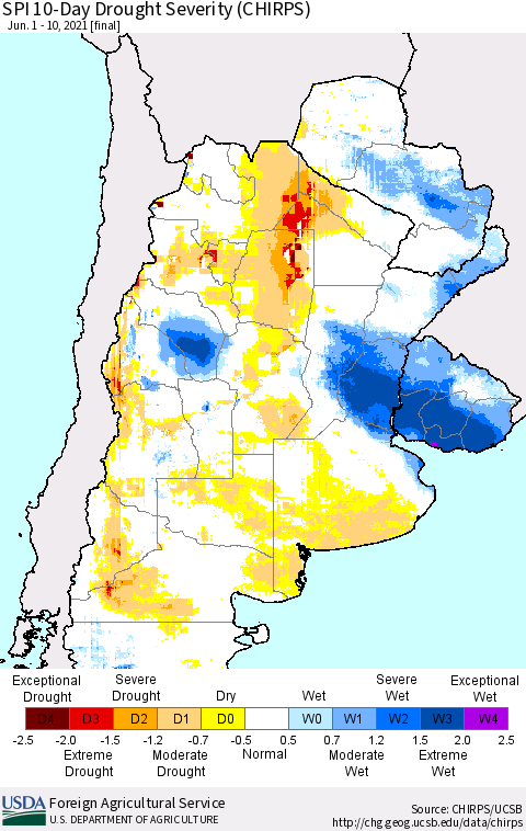 Southern South America SPI 10-Day Drought Severity (CHIRPS) Thematic Map For 6/1/2021 - 6/10/2021