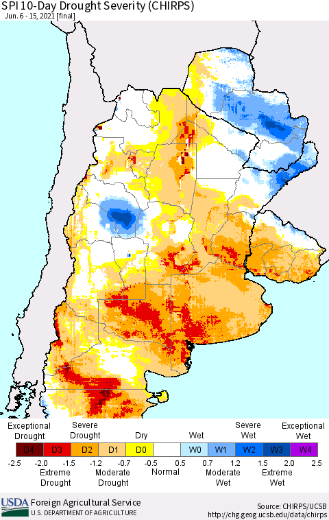 Southern South America SPI 10-Day Drought Severity (CHIRPS) Thematic Map For 6/6/2021 - 6/15/2021