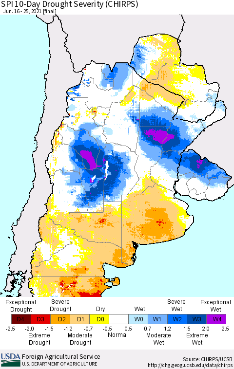 Southern South America SPI 10-Day Drought Severity (CHIRPS) Thematic Map For 6/16/2021 - 6/25/2021