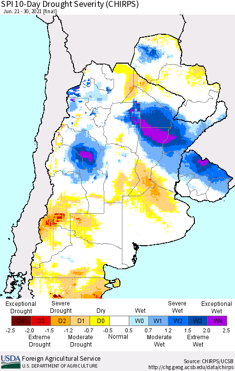 Southern South America SPI 10-Day Drought Severity (CHIRPS) Thematic Map For 6/21/2021 - 6/30/2021