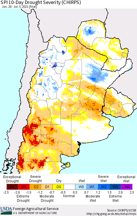 Southern South America SPI 10-Day Drought Severity (CHIRPS) Thematic Map For 6/26/2021 - 7/5/2021