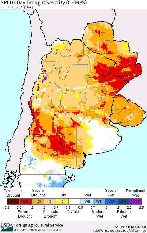 Southern South America SPI 10-Day Drought Severity (CHIRPS) Thematic Map For 7/1/2021 - 7/10/2021