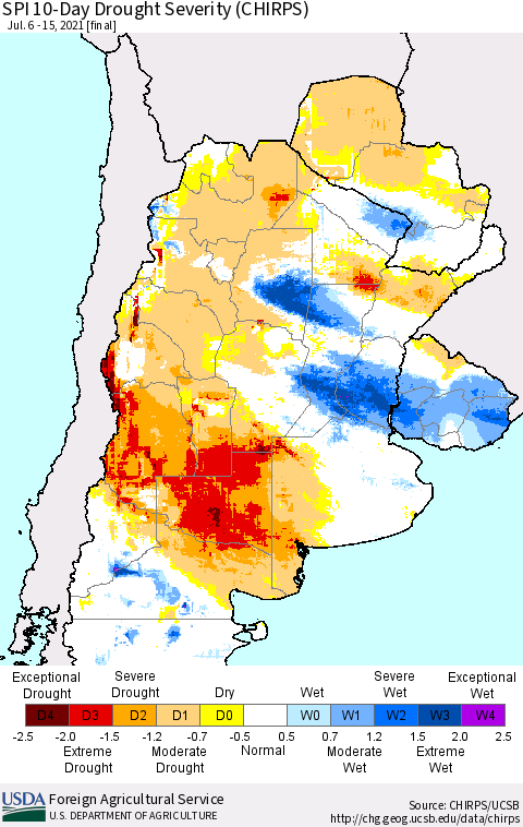 Southern South America SPI 10-Day Drought Severity (CHIRPS) Thematic Map For 7/6/2021 - 7/15/2021
