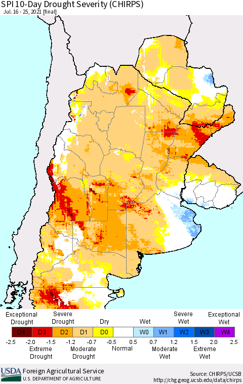 Southern South America SPI 10-Day Drought Severity (CHIRPS) Thematic Map For 7/16/2021 - 7/25/2021