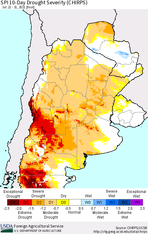 Southern South America SPI 10-Day Drought Severity (CHIRPS) Thematic Map For 7/21/2021 - 7/31/2021