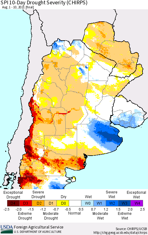 Southern South America SPI 10-Day Drought Severity (CHIRPS) Thematic Map For 8/1/2021 - 8/10/2021