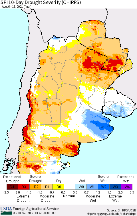 Southern South America SPI 10-Day Drought Severity (CHIRPS) Thematic Map For 8/6/2021 - 8/15/2021