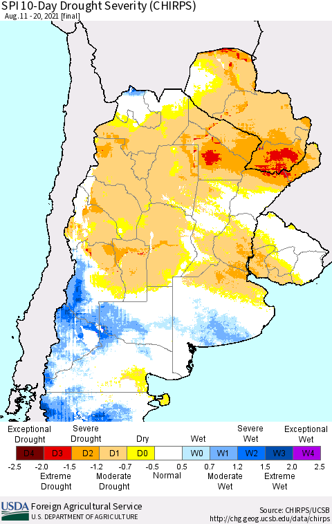 Southern South America SPI 10-Day Drought Severity (CHIRPS) Thematic Map For 8/11/2021 - 8/20/2021