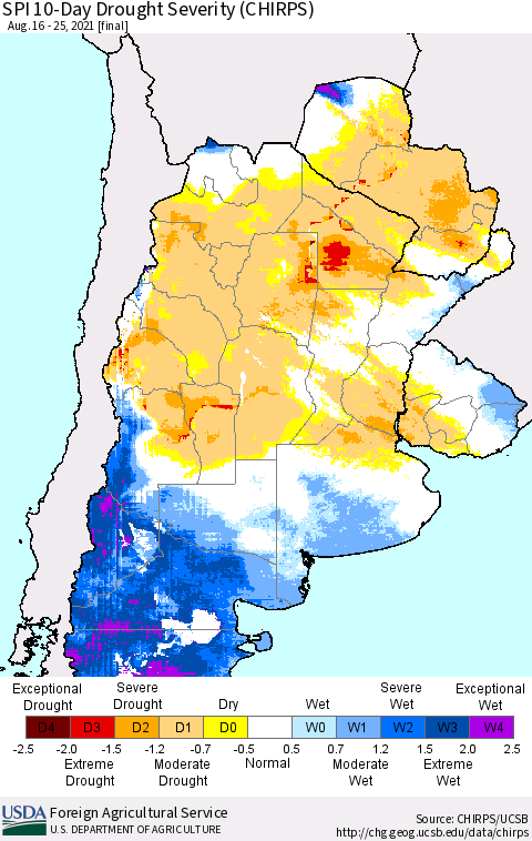 Southern South America SPI 10-Day Drought Severity (CHIRPS) Thematic Map For 8/16/2021 - 8/25/2021