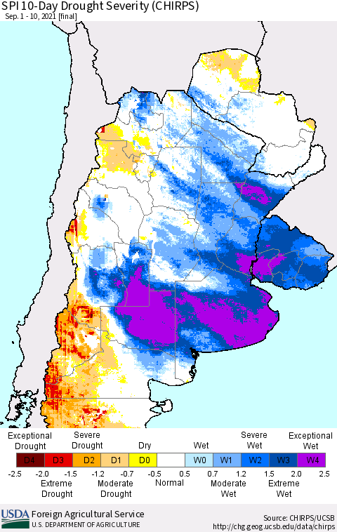 Southern South America SPI 10-Day Drought Severity (CHIRPS) Thematic Map For 9/1/2021 - 9/10/2021