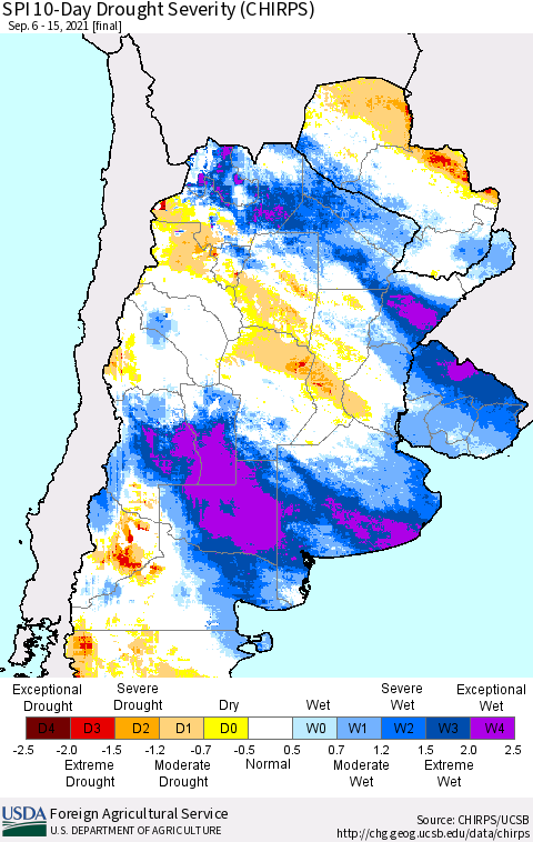 Southern South America SPI 10-Day Drought Severity (CHIRPS) Thematic Map For 9/6/2021 - 9/15/2021