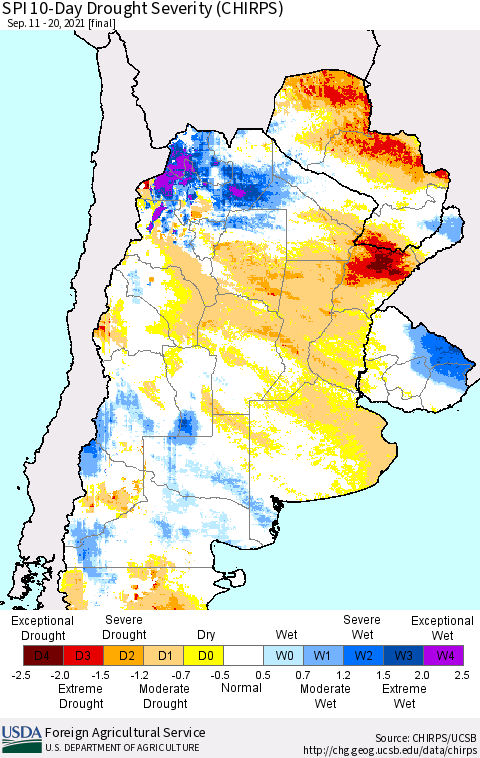 Southern South America SPI 10-Day Drought Severity (CHIRPS) Thematic Map For 9/11/2021 - 9/20/2021