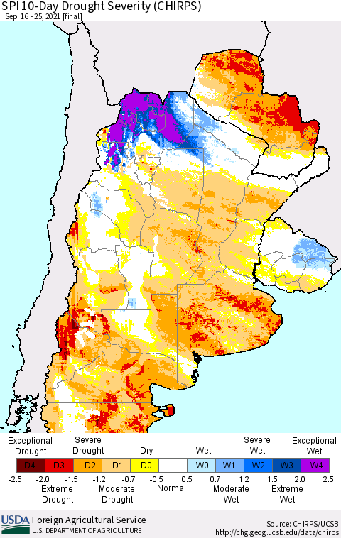 Southern South America SPI 10-Day Drought Severity (CHIRPS) Thematic Map For 9/16/2021 - 9/25/2021