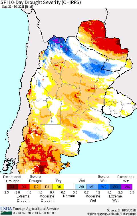 Southern South America SPI 10-Day Drought Severity (CHIRPS) Thematic Map For 9/21/2021 - 9/30/2021