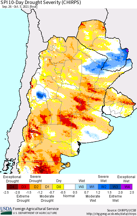 Southern South America SPI 10-Day Drought Severity (CHIRPS) Thematic Map For 9/26/2021 - 10/5/2021
