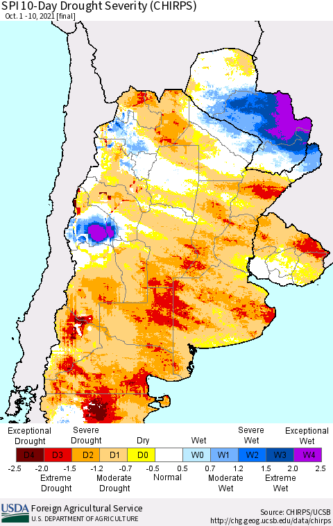 Southern South America SPI 10-Day Drought Severity (CHIRPS) Thematic Map For 10/1/2021 - 10/10/2021