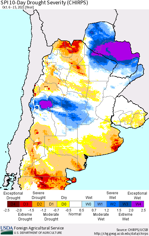 Southern South America SPI 10-Day Drought Severity (CHIRPS) Thematic Map For 10/6/2021 - 10/15/2021