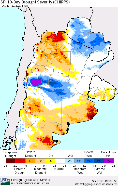 Southern South America SPI 10-Day Drought Severity (CHIRPS) Thematic Map For 10/11/2021 - 10/20/2021