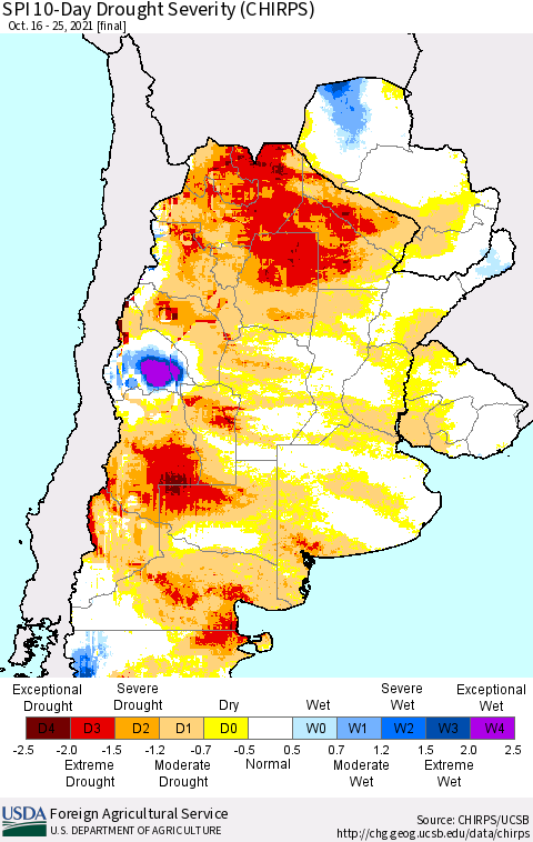 Southern South America SPI 10-Day Drought Severity (CHIRPS) Thematic Map For 10/16/2021 - 10/25/2021